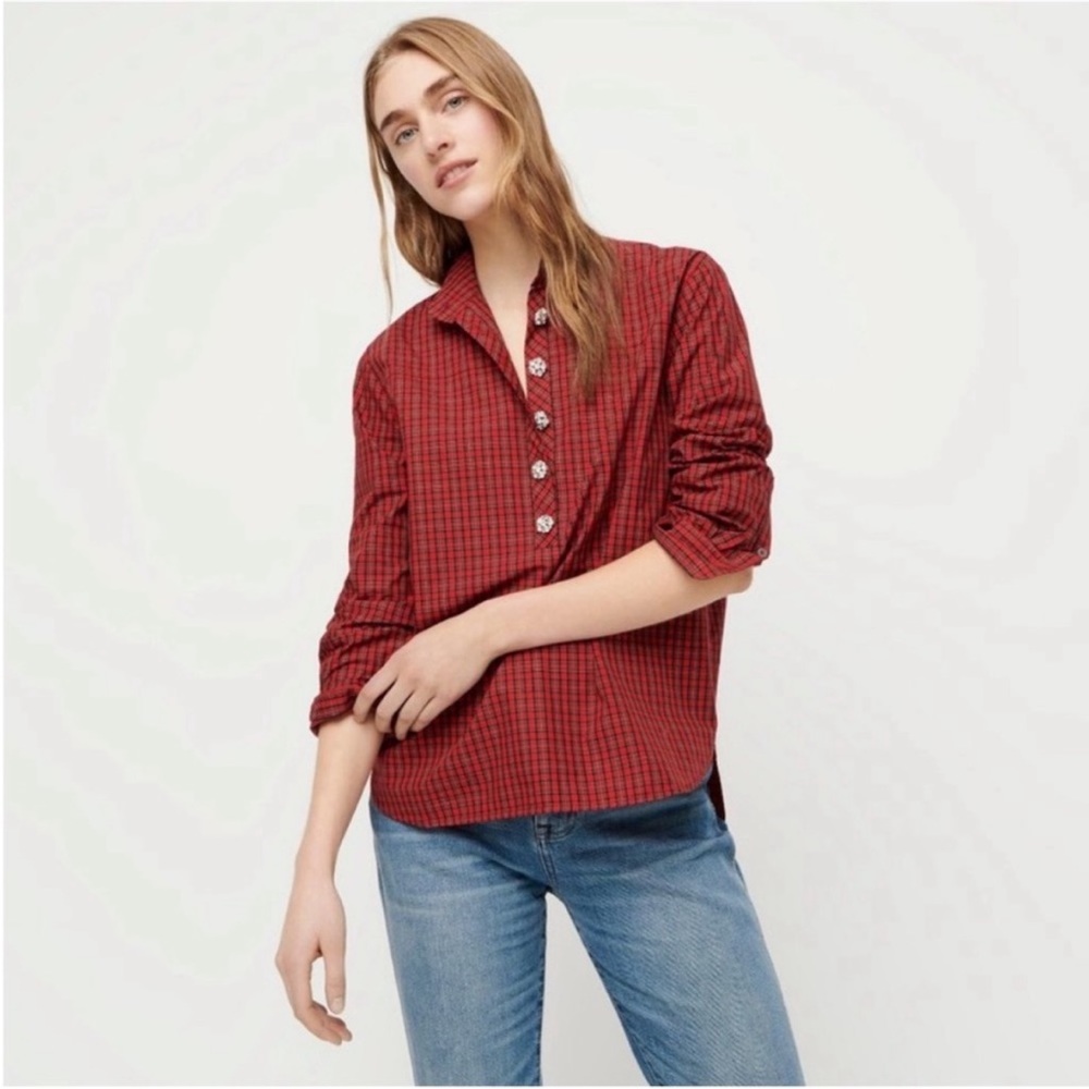 J. Crew Tartan Plaid Jeweled Button Popover Blouse Top